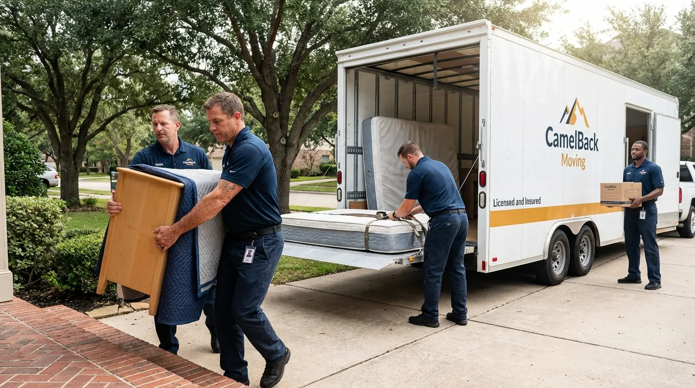 Crew loading residential truck for cross-state move from Eldorado, WI