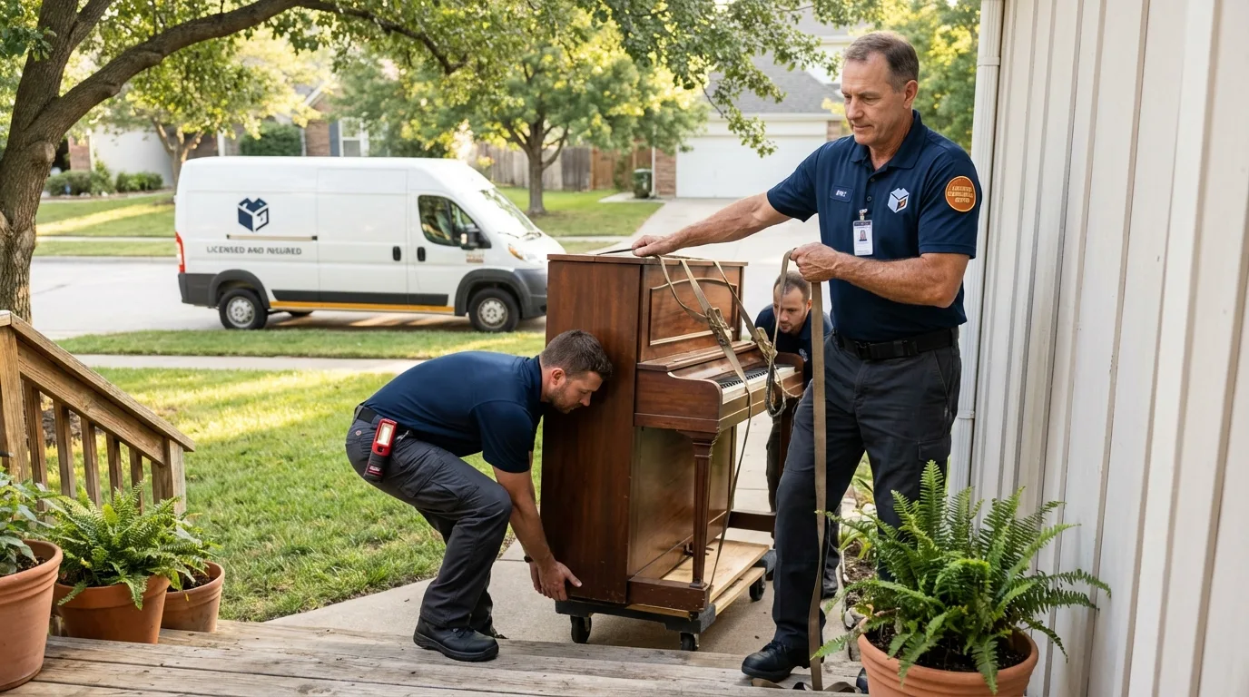 Licensed piano movers securing grand piano in Eldorado, WI