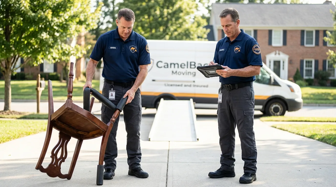 Movers inspecting furniture for damage prevention before loading in Eldorado, WI