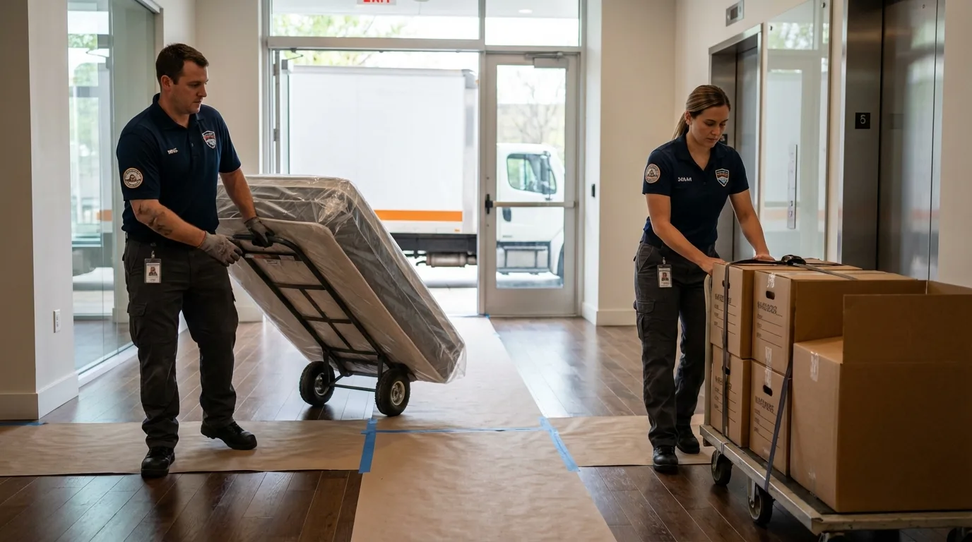 Professional apartment movers loading elevator in Eldorado, WI